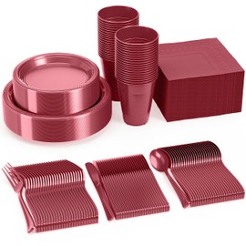 350 Pcs Plastic Dinnerware Set Includes 50 Of Each 9" Burgundy Plastic Dinner Plates | 7" Plastic Dessert Plates | 12 oz Plastic Cups | Burgundy Napkins | Plastic Spoons, Forks & Knives Exquisite