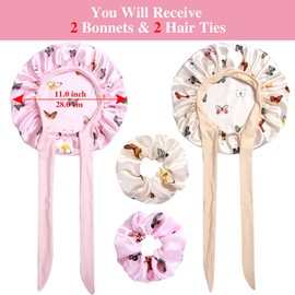 2+2 Satin Bonnets with Scrunchies for Kids, Cute Hair Bonnets for Girls Sleeping Curly Hair, D
