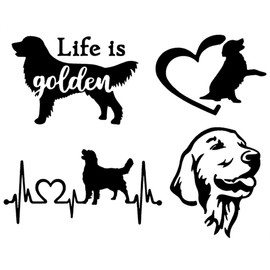 Golden Retriever Decal 4 Pack: Life is Golden, Golden Retriever Heartbeat, Golden Heart, Detailed Golden Retriever (Small ~3", Black)