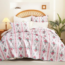 Cmfshape Floral Stripe Quilt Set Queen Size,3-Pieces Lightweight Microfiber Bedspread Coverlet,All-Season Pink Quilted Bedding,Reversible Quilt Bedding Set with 2 Shams,90x90