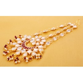 Touchstone Indian Bollywood Traditional Mughal Kundan Polki Magical Exotic Meenakari Enamel Chaandbaali Faux Pearls Beads Head Enhancing Bridal Designer Jewelry Jhoomer In Gold Tone For Women.,