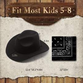 SeptCity Kids Cowboy Hat and Bandana for Age 5-10, Cowgirl Costume Set for Boys and Girls (Black)