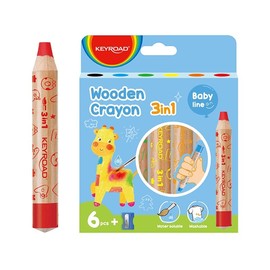 Keyroad Jumbo 3-in-1 Wooden Wax Crayons / Watercolour Wax Crayons Water Soluble Pack of 6 Plus a Sharpener / Colouring Pencils for Children Boys Adults / Child Safe Non-Toxic, KR972328, Multicoloured