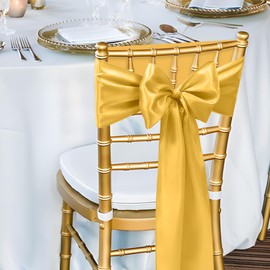 WASIRL Satin Chair Sashes Bows Light Gold Chair Sashes 50pcs Chair Ribbon Sashes for Wedding Party Reception Events Banquets Hotel Event Chairs Decoration（Light Gold 7x108 inch）
