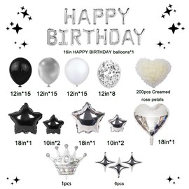 Happy Birthday Decorations for Men，Happy Birthday Banner Silver and Black Balloons for 21st,25th 27th 30th 35th 40 50 60th Birthday Decorations