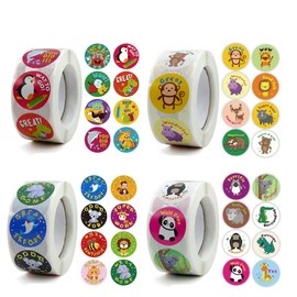 2000pcs Motivational Reward Stickers for Kids, 1 Inch Round Cartoon Animals Praise Stickers,Motivational Teacher Supplies for Classroom（4 Rolls ）