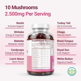 Mushroom Gummies Supplement for Energy, Focus, & Gut Health - Made in USA & 3rd Party Tested - 90 Gummies