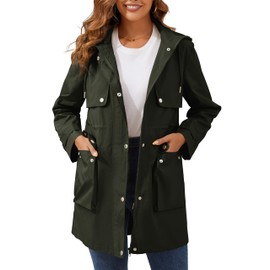 PESION Womens Waterproof Raincoat Lightweight Rain Jacket Trench Coat Hooded Windbreaker With Pockets for Outdoor Hiking, Army Green, XLarge