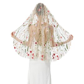 BEAUTELICATE Bridal Veil Tulle Veil with Flowers Embroidery Bohemian Scarf for Bride Wedding Carnival Black White with Metal Comb 1 Layer Waltz Length Fingertips Length, Champagne - Fingertip