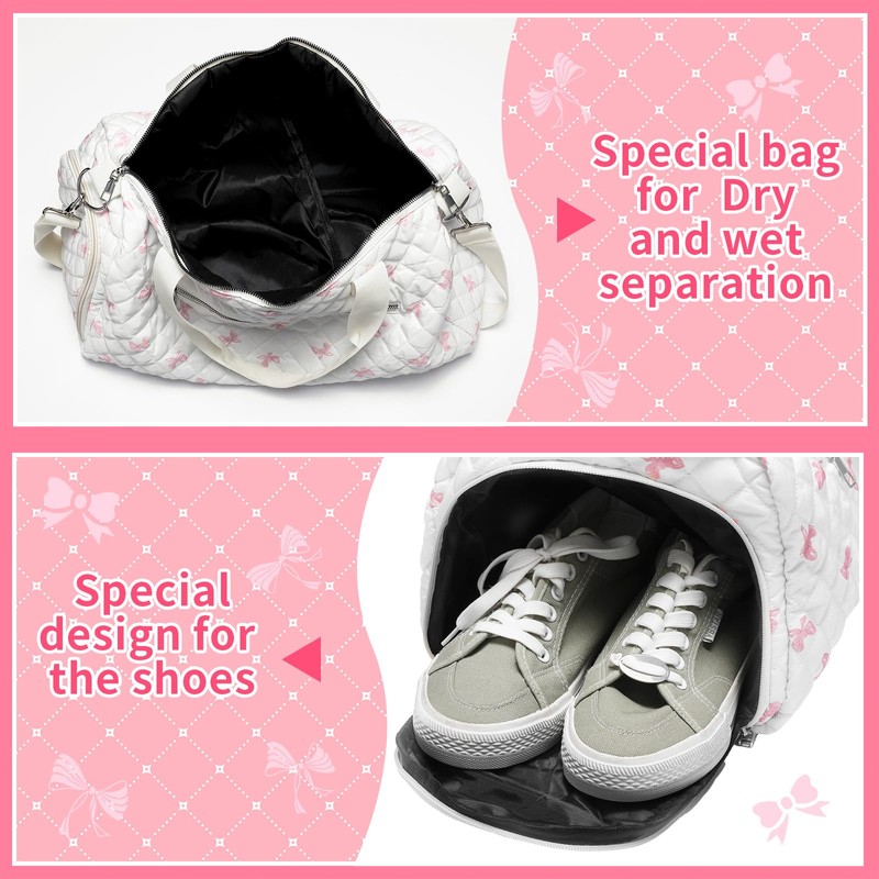 Dansydaisy Quilted Duffle Bag for Women Cotton Pink Bow Dance