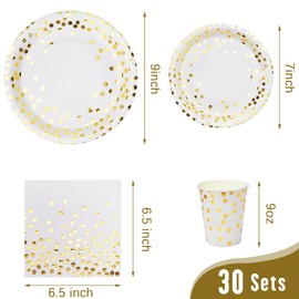 Party Supplies Set - 210 Pieces of White and Gold Dot Paper Plates, Cups, Napkins, and Heavy Duty Silverware for 30 Guests for Birthdays, Graduation, Wedding, Festivals | Lzerking