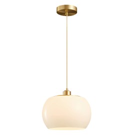 BOKT 1-Light Gold Dome Pendant Light Mid Century Modern White Globe Pendant Lighting Kitchen Island Brass Dining Hanging Ceiling Lamp Single Large Glass Ball Pendant Lamp