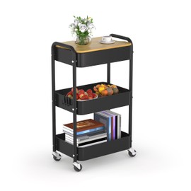 HIDODO 3 Tier Metal Utility Cart, Rolling Storage Cart with Wooden Tabletop, Metal Organizer Cart with Lockable Wheels for Office, Bedroom, Kitchen and Living Room (Black)