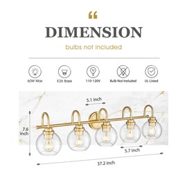 Audickic Bathroom Light Fixtures, 5-Light Brushed Gold Vanity Lights with Globe Clear Glass, 35 Inch Champagne Bronze Vanity Lighting Fixtures Over Mirror, AD-22280-5W-GD