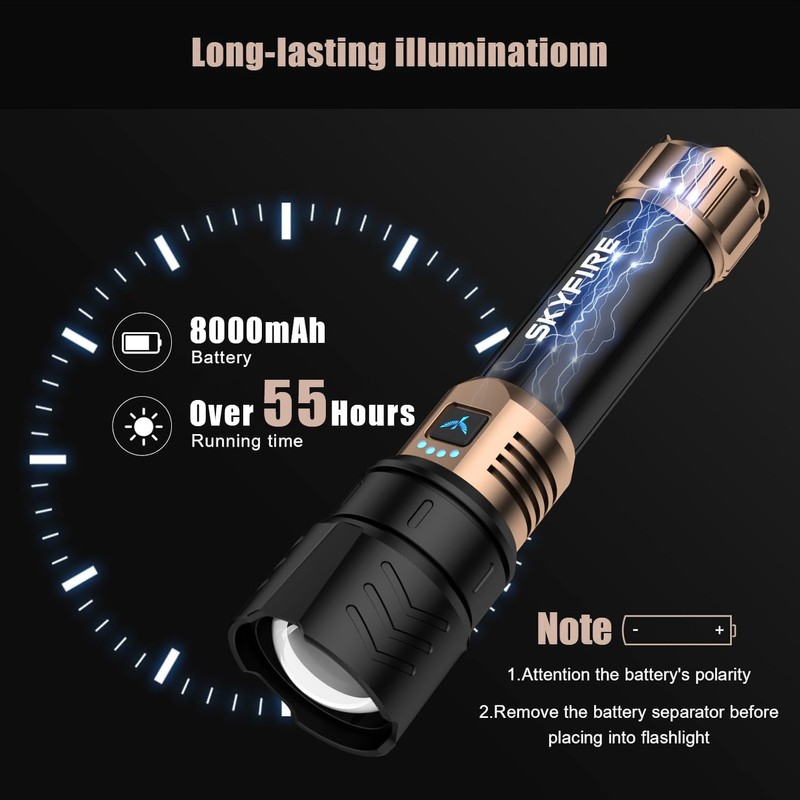 SKYFIRE Rechargeable Flashlight High Lumens,8000mAh Super Bright Flashlight,Zoomable,4 Modes,Waterproof LED