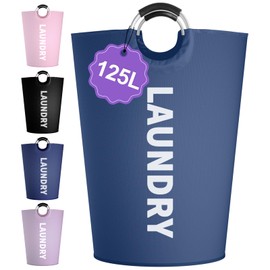 IHOMAGIC 125L Foldable Laundry Basket with Handles, Large Clothes Hamper for Bedroom, Freestanding Dirty Clothes Basket, Sturdy Laundry Bin for Living Room, Camping, Navy Blue