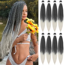 Black Braiding Hair Pre Stretched 20 Inch 8 Pack Braiding Hair Extensions Itch Free Soft Yaki Texture Hot Water Setting Synthetic Crochet Braids Hair For Women Girls (20Inch,1B/Sliver)