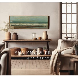 Framed Canvas Wall Art for Bedroom - Long Vertical 13.5 x 40 Above the Bed - Vintage Farmhouse French Country Room Decor - Panoramic Cyan Seascape Ocean Beach Sea Oil Painting - Cottagecore Aesthetic