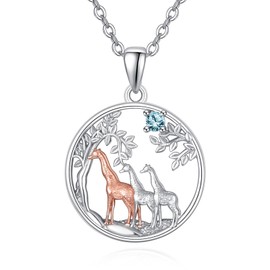 KINGWHYTE Giraffe Necklace Gifts for Women 925 Sterling Silver Three Giraffe Family Tree Pendant Birthstone Jewelry Birthday Gift for Her, March