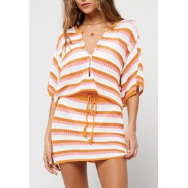 Pink Queen Women's 2 Piece Bathing Suit Cover Up Short Sleeve Casual Crochet Hollow Out Bikini Beach Skirt Outfits Oversized Crop Top And Bodycon Skirt Coverups Orange Stripe XL