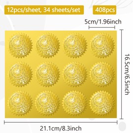 CRASPIRE Mechanical Gear 408Pcs Steampunk Gold Foil Embossed Stickers 2" Self Adhesive Envelopes Seals Round Labels for Wedding Invitation Graduation Corporate Certificates Diplomas Gift Wrapping