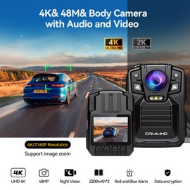 CAMMHD V8-128GB 4K Body Camera with Audio and Video Recording, 2160P Body Cam Two Battery 4400mAh Work 14H, H.265 Video Recorder, IP68 Waterproof, Night Vision Police Body Camera with Charging Dock