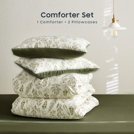 Wake In Cloud - Floral Comforter Set, Botanical Vintage Flower Coquette Cottagecore Aesthetic for Women Teen Girls, Soft Lightweight Dorm Bedding, 3 Pieces, Olive Green, Full Size