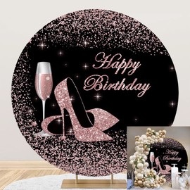Yeele 7x7ft Happy Birthday Round Backdrop Cover Black and Pink Glitter High Heels Champagne Glass Photography Background for Girls Women Birthday Party Decorations Polyester Photo Booth Props