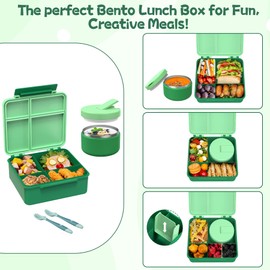 Bento Lunch Box with 8oz Soup Thermo, Kids Leakproof Lunch Food Containers with 4 Compartment, Kids Thermo Hot Food Jar and Insulated Lunch Box for School, Trvael