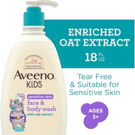 Aveeno Kids Sensitive Skin Face and Body Wash with Oat Extract, Gently Washes Away Dirt and Germs Without Drying, Tear-Free, Hypoallergenic Kids Body Wash, 18 fl. oz, 2 Pack