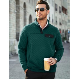 JMIERR Mens Quilted Sweatshirt Casual Long Sleeve Outdoor Stand Collar Quarter Button Fall Pullover Sweatshirts with Pocket, US 43(L), Green