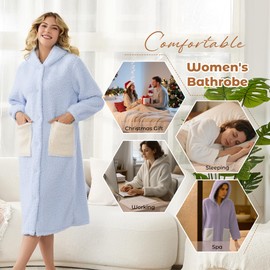 HEARTNICE Women Hooded Plush Robe, Soft Warm Fleece Winter Bathrobes for Women Full Length Button Down Winter Loungewear(Light Blue,S/M)