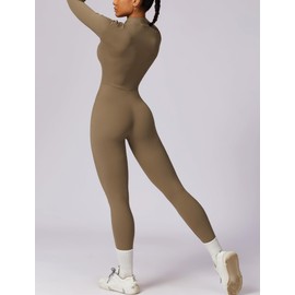 Maeau Women's Sports Leggings, Long Sleeve, Bodysuit, Tights, Shaping, Tummy Tights, Body Shaper, Breathable, High Elasticity, Yoga, Fitness, Training, Stretch, Sweat Absorbent, Quick Drying, Khaki