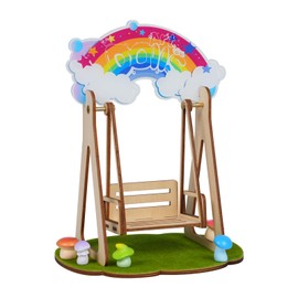Interactive Mini Wooden Rocking Swing for 6" Plush Doll, with Acrylic Rainbow & Soft Mushroom Lawn for Collectibles, Fun Desktop Decor, Relaxing Room Accent