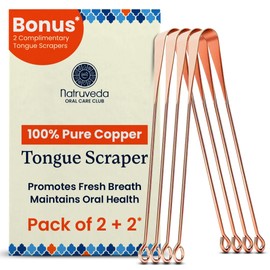 Natruveda Raspador de lengua de cobre 100% puro para adultos y niños | Raspador de lengua reutilizable | Juego de 4 | Raspador de lengua de metal | Limpiador de lengua | Limpiador de lengua para un