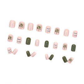 Press on Nails with Four Leaf Clover Short Square Good Luck Design Nails Full Cover Reusable False Nail Kit 24pcs