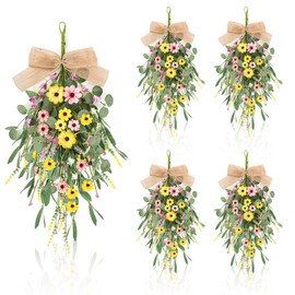 4 Pcs 22" Artificial Spring Summer Swag Wreath Spring Summer Floral Teardrop Swags for Front Door Farmhouse Kitchen Cabinet Wreaths with Ribbon Faux Flowers Hanging Wreaths for Porch Wall Window Decor