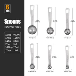 Doosu Measuring Spoons Set of 6-18/8 Stainless Steel Heavy Duty Teaspoons Tablespoons with Engraved Metric & US Measurements, Metal Measure Spoon for Dry and Liquid Ingredients, Dishwasher Safe