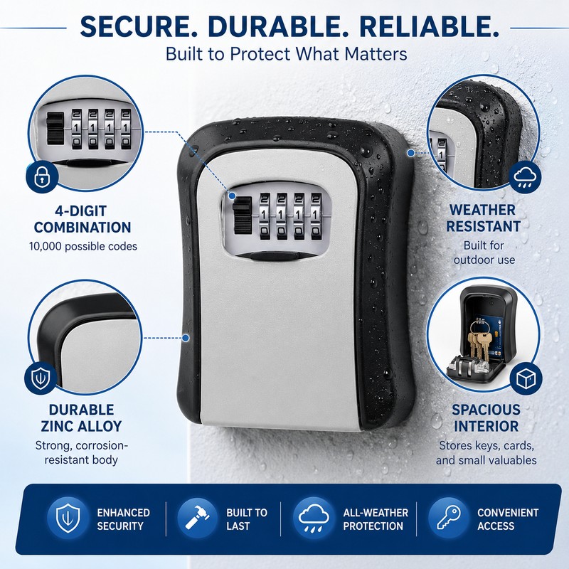 Wall-Mounted Key Lock Box for Secure Access – Weather-Resistant 4-Digit