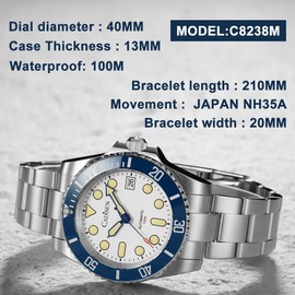 CADISEN Automatic Watch Men's Mechanical Waterproof NH35 Watches Men Leisure Business, blue, Bracelet