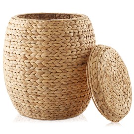 Casafield Round Storage Basket with Lid - Espresso, Handwoven Water Hyacinth Organizer for Laundry, Blankets, Plants, Bedroom, Living Room, Home Office