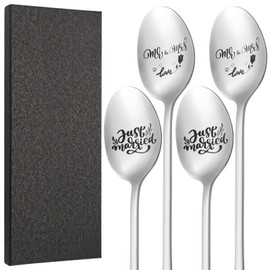 Huiguli 4 Stück Hochzeit Kaffeelöffel mit Gravur, Mr & Mrs and Just Married, Edelstahl Liebeslöffel mit Geschenkbox, Liebeslöffel Hochzeit Geschenke für Paar, Hochzeitsgeschenke für Brautpaar
