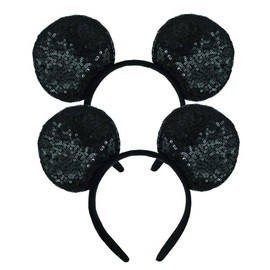 CHuangQi Mouse Ears Double-sided Sequin Hair Band (Set of 2), Glitter Large Bow Headband, Princess Party Decoration (Black Sequins without Bow)