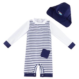 Baby Swimsuit Boy One Piece Rashguard with Hat UPF 50+ Sun Protection ，Blue Stripes,9-12 Months