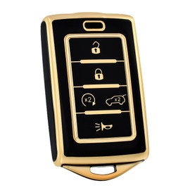 OFF WE GO for Jeep Key Fob Cover, Soft TPU Car Key Case Shell Protection Compatible with 2021 2022 2023 2024 Jeep Grand Cherokee L Grand Cherokee Wagoneer 5 Buttons Car Key (Gold Black)