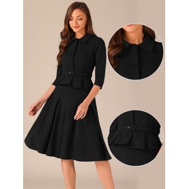 Allegra K Business Skirt Suit Sets for Women's 2 Piece Outfits Office 3/4 Sleeve Blazer Jacket Pleated Skirts Small Black