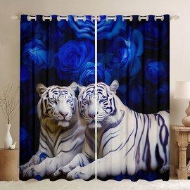 White Tiger Blackout Curtains Blue Rose Curtains,Wild Animal Flowers Curtains & Drapes Brown Big Cat Fur Hair Window Curtains 2 Panels 42"Wx63"L,Woodland Wildlife Romantic Floral Room Decor