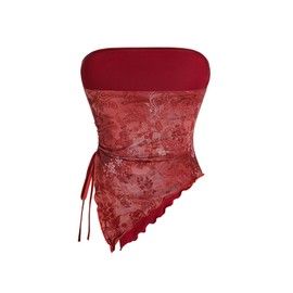 Milumia Women's Floral Print Strapless Tube Top Ruched Drawstring Asymmetrical Tank Tops Redwood Large