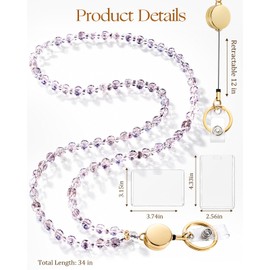 Toykee Crystal Flat Round Beaded Lanyard for ID Badges Women - Light Purple Badge Necklace with Card Holder & Retractable Reel for Name Tags, Keys, Teacher, Nurse
