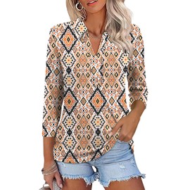 ZHENWEI 3/4 Length Sleeve Tops for Women V Neck Summer Polo Shirts Collared Dressy Casual Tunic Work Blouse,Geometric,S